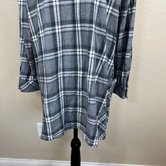 Zara  gray plaid tunic top button up collar flannel long sleeve academia size L - Picture 15 of 16